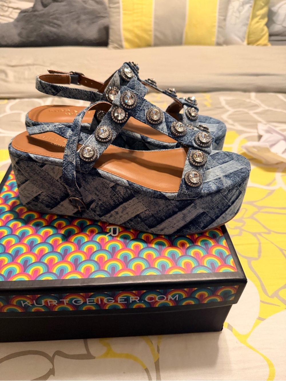 Kurt Geiger Denim Blue Jeweled Platform Sandals - Picture 2 of 7